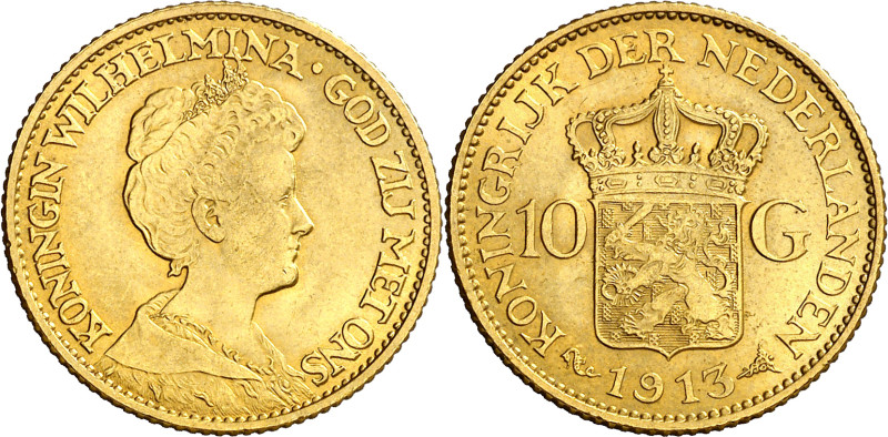 Países Bajos. 1913. Guillermina. 10 gulden. (Fr. 349) (Kr. 149). AU. 6,71 g. EBC...