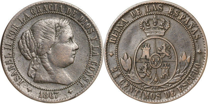 1867 y 1868. Isabel II. Jubia. OM. 2 1/2 céntimos de escudo. Lote de 2 monedas. ...