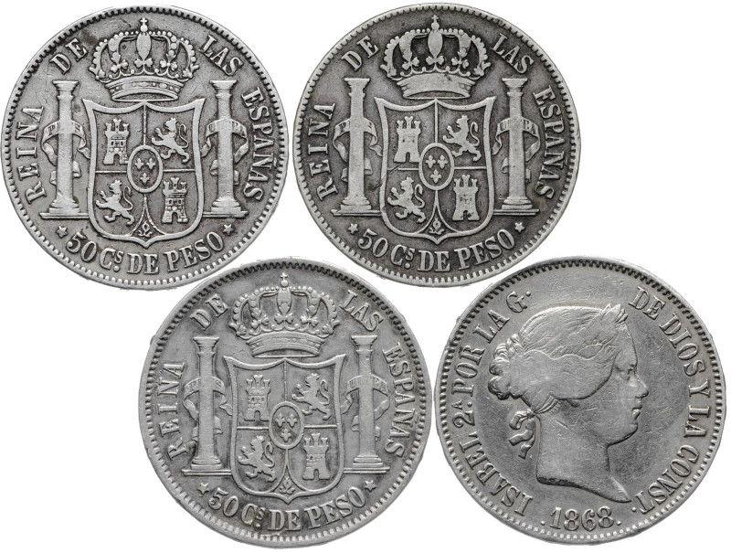 1868. Isabel II. Manila. 50 centavos. (AC. 667). Lote de 4 monedas. A examinar. ...