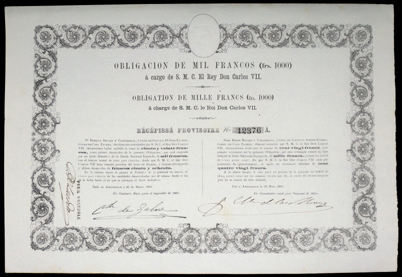 1869. Carlos VII (Pretendiente). Amsterdam. Obligación de 1000 francos. (Ed. A20...