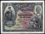 1907. 500 pesetas. (Ed. B105) (Ed. 321). 15 de julio. Puntitos de aguja. Raro. MBC-.
