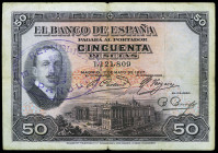 1927. 50 pesetas. (Ed. B115) (Ed. 332). 17 de mayo, Alfonso XIII. Sello tampón REPÚBLICA ESPAÑOLA, en horizontal. BC+.