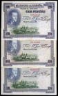 1925. 100 pesetas. (Ed. B127) (Ed. 344). 1 de Julio, Felipe II. Lote de 3 billetes sin serie con sello en seco del GOBIERNO PROVISIONAL). BC/BC+.