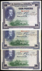 1925. 100 pesetas. (Ed. B127) (Ed. 344). 1 de Julio, Felipe II. Lote de 3 billetes serie B con sello en seco del GOBIERNO PROVISIONAL. BC/MBC-.
