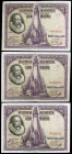 1928. 100 pesetas. (Ed. C6) (Ed. 355). 15 de agosto, Cervantes. 3 billetes correlativos, sin serie. Ligeros dobleces centrales. EBC.