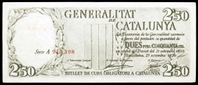 1936. Generalitat de Catalunya. Barcelona. 2,50 pesetas. (Ed. C23a). 25 de septiembre. Numeración en rojo. Leves dobleces. Cuatro puntos de aguja. MBC...