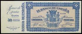 1937. Banco de España. Gijón. 50 pesetas. (Ed. NE33). No circulado, sin numeración y con matriz lateral izquierda. Muy raro. S/C-.