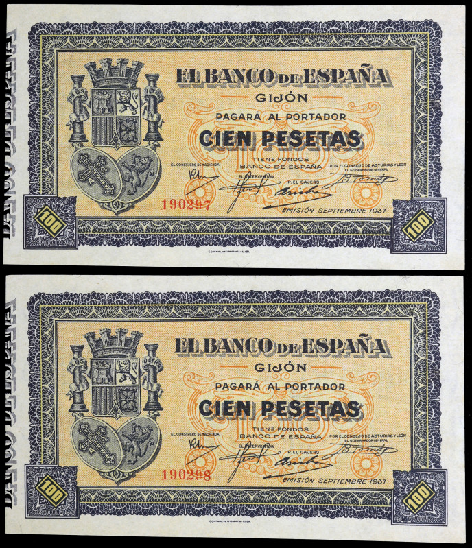 1937. Gijón. 100 pesetas. (Ed. C50) (Ed. 399). Septiembre. Pareja correlativa. S...