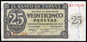 1936. Burgos. 25 pesetas. (Ed. D20a) (Ed. 419a). 21 de noviembre. Serie R. Esquinas algo rozadas. S/C-.
