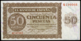 1936. Burgos. 50 pesetas. (Ed. D21a) (Ed. 420a). 21 de noviembre. Serie Q. Ligero doblez central. EBC-.