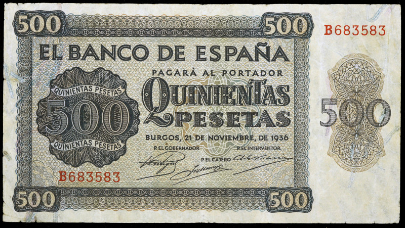 1936. Burgos. 500 pesetas. (Ed. D23a) (Ed. 422a). 21 de noviembre. Serie B. Raro...