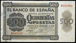 1936. Burgos. 500 pesetas. (Ed. D23a) (Ed. 422a). 21 de noviembre. Serie B. Raro. BC+.