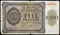 1936. Burgos. 1000 pesetas. (Ed. D24) (Ed. 423). 21 de noviembre. Serie A. Pequeñas roturas. Raro. BC.