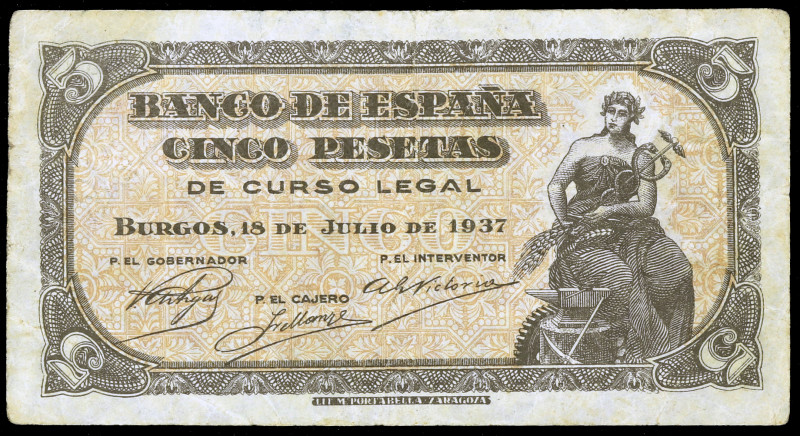 1937. Burgos. 5 pesetas. (Ed. D25a) (Ed. 424a). 18 de julio. Serie B. Escaso. MB...