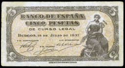 1937. Burgos. 5 pesetas. (Ed. D25a) (Ed. 424a). 18 de julio. Serie B. Escaso. MBC-.