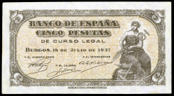 1937. Burgos. 5 pesetas. (Ed. D25a) (Ed. 424a). 18 de julio. Serie B. Leve doblez. Escaso. EBC-.