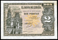 1937. Burgos. 2 pesetas. (Ed. D27a) (Ed. 426a). 12 de octubre. Serie B. Leves manchitas. Escaso. EBC+.