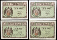 1938. Burgos. 1 peseta. (Ed. D29a) (Ed. 428a). 30 de abril. 4 billetes: series B (dos), C y M. MBC+/EBC.