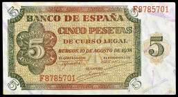 1938. Burgos. 5 pesetas. (Ed. D36a) (Ed. 435a). 10 de agosto. Serie F. Esquinas rozadas. Apresto. EBC+.