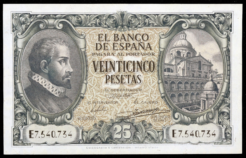 1940. 25 pesetas. (Ed. D37a) (Ed. 436a). 9 de enero, Juan de Herrera. Serie E. M...