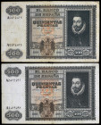 1940. 500 pesetas. (Ed. D40) (Ed. 439). 9 de enero, Juan de Austria. 2 billetes. Raros. BC/BC+.