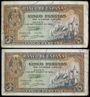 1940. 5 pesetas. (Ed. D44a) (Ed. 443a). 4 de septiembre, Alcázar de Segovia. Pareja correlativa, serie H. BC/BC+.