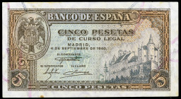 1940. 5 pesetas. (Ed. D44a) (Ed. 443a). 4 de septiembre, Alcázar de Segovia. Serie L. Pequeña manchita. EBC+.
