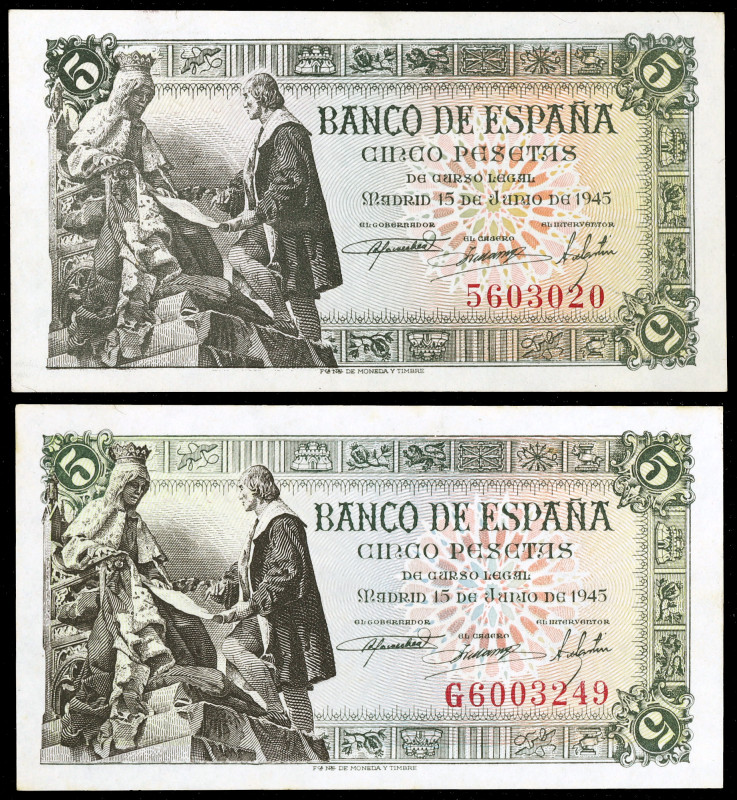 1945. 5 pesetas. (Ed. D50 y D50a) (Ed. 449 y 449a). 15 de junio, Isabel y Colón....