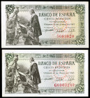 1945. 5 pesetas. (Ed. D50 y D50a) (Ed. 449 y 449a). 15 de junio, Isabel y Colón. 2 billetes, sin serie y serie G. EBC/EBC+.