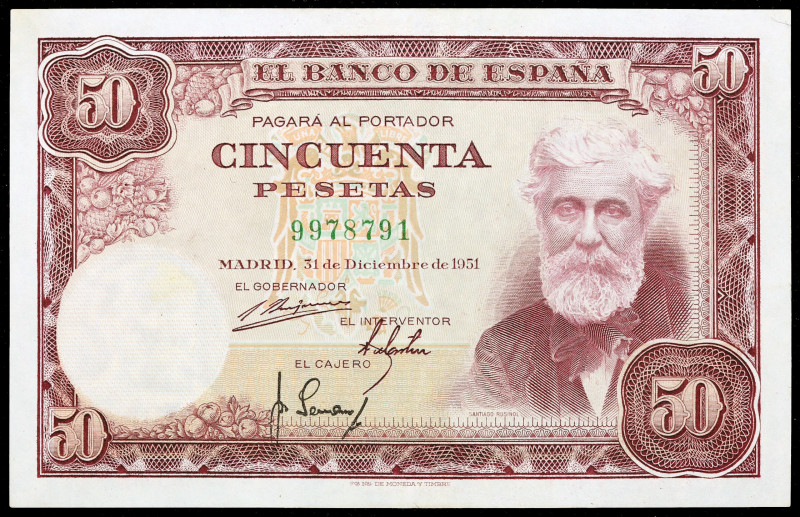 1951. 50 pesetas. (Ed. D63) (Ed. 462). 31 de diciembre, Rusiñol. Sin serie. Lava...