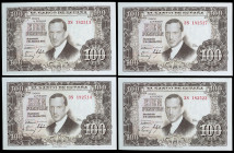 1953. 100 pesetas. (Ed. D65b) (Ed. 464c). 7 de abril, Romero de Torres. 4 billetes, serie 3S, una pareja correlativa y otra con numeración muy próxima...