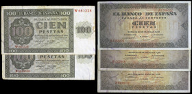 1936 y 1938. Burgos. 100 pesetas. (Ed. D22a, D33 y D33a) (Ed. 421a, 432 y 432a). 5 billetes. A examinar. BC/BC+.