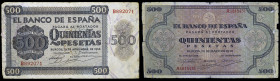 1936 y 1938. Burgos. 500 pesetas. (Ed. D23a y D34) (Ed. 422a y 433). 2 billetes. Raros. BC-/BC.