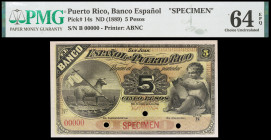 s/d (1889). Banco Español de Puerto Rico. 5 pesos. (Ed. PR7m) (Ed. 12M) (Pick 14s). Muestra SPECIMEN, numeración 00000, sin firmas. Tres taladros. Ser...