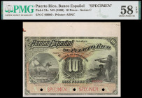 s/d (1889). Banco Español de Puerto Rico. 10 pesos. (Ed. PR8m) (Ed. 13Mb) (Pick 21s). Muestra SPECIMEN, numeración 00000, sin firmas y con margen supe...