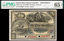 s/d (1889). Banco Epañol de Puerto Rico. 20 pesos. (Ed. PR9m) (Ed. 14Ma) (Pick 16s). Muestra SPECIMEN, numeración 00000, sin firmas. Tres taladros. Se...