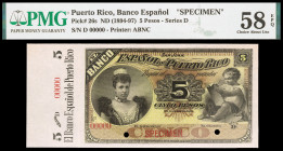 s/d (1894-97). Banco Español de Puerto Rico. 5 pesos. (Ed. PR13m) (Ed. 18M) (Pick 26s). Busto de la regente doña María Cristina. Muestra SPECIMEN, num...