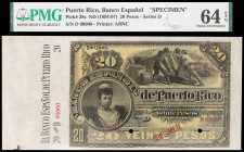 s/d (1894-97). Banco Español de Puerto Rico. 20 pesos. (Ed. PR15m) (Ed. 20M) (Pick 28s). Busto de la regente doña María Cristina. Muestra SPECIMEN, nu...