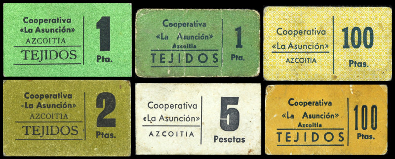Azcoitia (Guipúzcoa). Cooperativa "La Asunción". 1 (dos), 2, 5 y 100 pesetas (do...