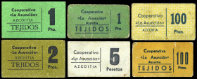 Azcoitia (Guipúzcoa). Cooperativa "La Asunción". 1 (dos), 2, 5 y 100 pesetas (dos). Lote de 6 cartones. A examinar. BC+/EBC.