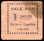 San Pedro del Pinatar (Murcia). Salinera Española. 1 peseta. (C. 275) (KG. 586a) (RGH. 4194). Cartón. Muy raro. (MBC-).