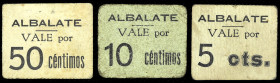 Albalate de Cinca (Huesca). Sin organismo emisor. 5, 10 y 50 céntimos. (T. falta) (KG. falta) (RGH. 167a. 169a y 171a). 3 cartones. Muy raros. MBC-/MB...