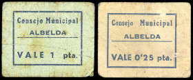 Albelda (Huesca). Consejo Municipal. 25 céntimos y 1 peseta. (T. 8a y 10) (KG. 32) (RGH. 200, sin imagen y 203). 2 cartones. Raros. BC+/MBC-.