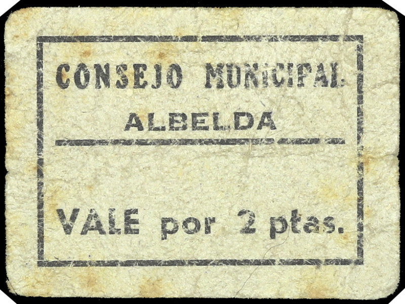 Albelda (Huesca). Consejo Municipal. 2 pesetas. (T. 7, mismo ejemplar) (KG. 32) ...