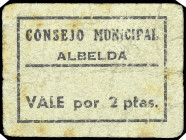 Albelda (Huesca). Consejo Municipal. 2 pesetas. (T. 7, mismo ejemplar) (KG. 32) (RGH. 204). Cartón. Muy raro. BC+.
