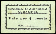 Alcampel (Huesca). Sindicato Agrícola. U.G.T. 1 peseta. (T. 12) (KG. 15) (RGH. 289, sin imagen). Cartón nº 133. Rarísimo. MBC.