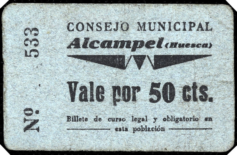 Alcampel (Huesca). Consejo Municipal. 50 céntimos. (T. 13) (KG. 15a) (RGH. 283)....