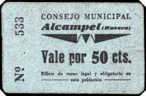 Alcampel (Huesca). Consejo Municipal. 50 céntimos. (T. 13) (KG. 15a) (RGH. 283). Cartón. Raro. MBC-.