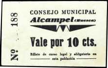 Alcampel (Huesca). Consejo Municipal. 10 céntimos. (T. 18) (KG. 15a falta valor) (RGH. 281). Cartón nº 188. Raro y más así. EBC.