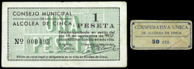 Alcolea de Cinca (Huesca). 50 céntimos y 1 peseta. (KG. 53 y 53b falta valor) (RGH. 346 y falta). Consejo Municipal (1 peseta) y Cooperativa Única (50...